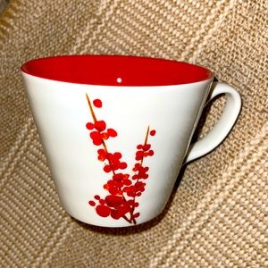 STARBUCKS 2008 WIDE WHITE CERAMIC COFFEE MUG RED CHERRY BLOSSOM FLORAL CUP